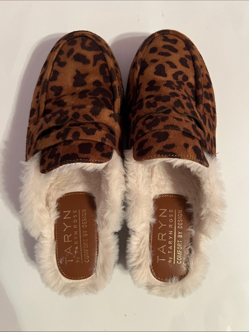 Taryn Rose Leopard Print Faux Fur-Lined Women’s Slip-On Mules Loafers Size  8
